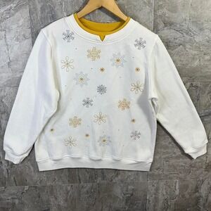 CC Hughes White snowflake crewneck embroidered sweatshirt yellow collar Woman M